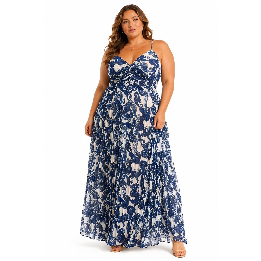 Blue White Paisley Maxi Dress Pleated Chiffon Empire Waist Bohemian SZ XL